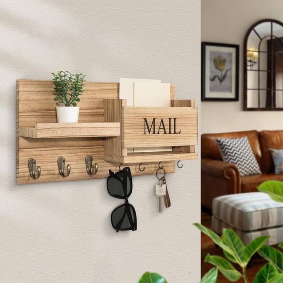 Wall Mount Key Holder, Mail Organizer with Hooks, Wooden Entryway Storage Shelf for Keys and Letters, Space Saving Home Decor for Living Room