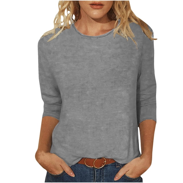 Hauts à Manches 3/4 pour Femmes Mode pour Femmes T-Shirt Uni Ample Gris, avec Manches 3/4 Mi-Longues, un Col Rond et une Coupe Décontractée. Cette blouse Légère, Fabriquée en imitation Coton, Est Parfaite pour le Port Quotidien, l'Usage à la Maison Ou les Sorties Décontractées en Toutes Saisons. Convient comme blouses pour Femmes Ou Hauts Décontractés.
