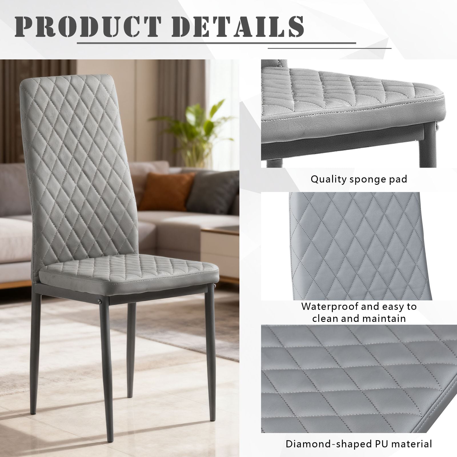 Noble House Ensemble de 4 Chaises de Salle à Manger Modernes, Revêtement en Cuir Ignifuge avec Motif à Carreaux en Diamant et Cadre en Métal, Gris