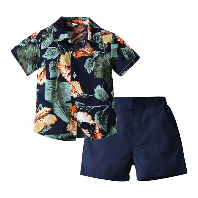 Ensemble Décontracté pour Garçons, Chemises à Manches Courtes Col Rond Imprimées + Shorts, Deux Pièces