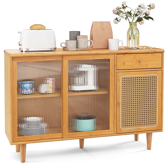 Costway Buffet Bahut Armoire Console en Rotin avec Portes Coulissantes Tiroir de Rangement