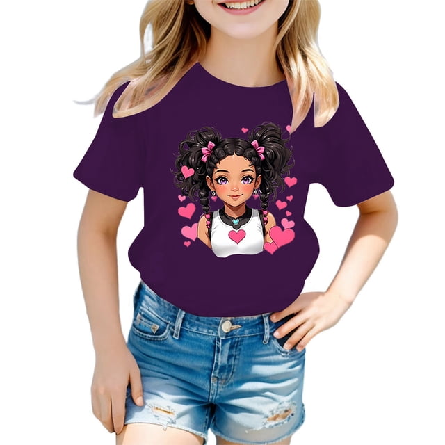 MEZZALL T-Shirt Graphique Mignon pour Fille, Col Rond, Manches Courtes, Tee d'Été Décontracté, T-Shirts Hauts, Violet, 11-12 Ans
