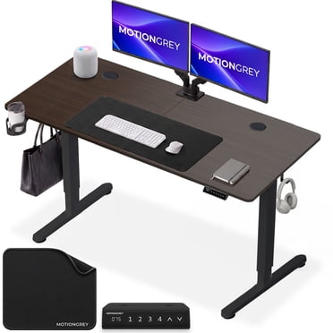 MotionGrey - Bureau Debout Électrique Réglable Ergo2 avec Réglages de Mémoire - Dessus Brun Foncé 55 Pouces x 24 Pouces Cadre Noir - Bureau Ergonomique pour la Maison et le Bureau