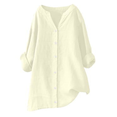Timegard Chemises à Manches Longues pour Femmes Grande Taille en Coton et Lin à Boutons Blouse à Col en V Décontractée Ample Hauts