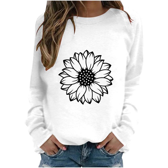 Rbaofujie Chandails d'Automne pour Femmes Femmes Mode Décontractée Imprimé Col Rond Ample Manches Longues T-shirt Hauts Blouse Blanc Chandails à Capuche pour Femmes