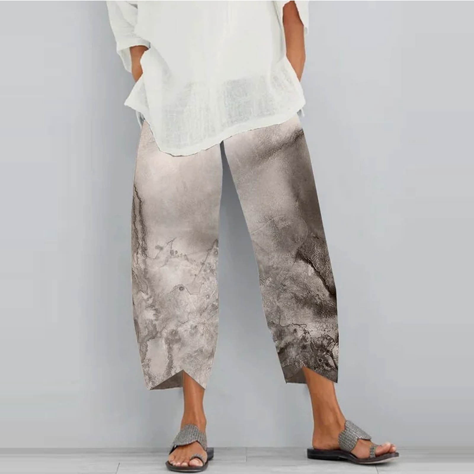 CHGBMOK Capris à Enfiler à Imprimé Paysage pour Femmes, Grande Taille, Liquidation