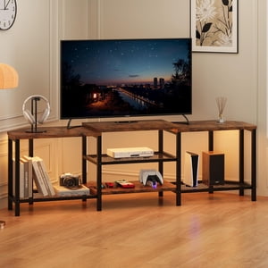 TV Pour les téléviseurs jusqu'à 75 Inch, Corner Entertainment Centre avec Power Outlet et LED Lumières Étagères de rangement ouvertes, Console multimédia pour salon, Chambre, Vintage Brownn