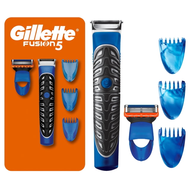 Gillette Fusion5 Styler Facial Hair Trimmer for Men featuring a blue and black ergonomic handle with power button, three blue comb attachments sized 2mm, 4mm, and 6mm, and a blue and orange razor head, displayed on a white background with the Gillette Fusion5 logo on an orange panel.