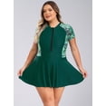 thumbnail image 3 of HULIJA Woman Plus Size Swimwear Short Sleeve Zip Neck One Piece Swimdress Rash Guard Bathing Suits Green XL, 3 of 7