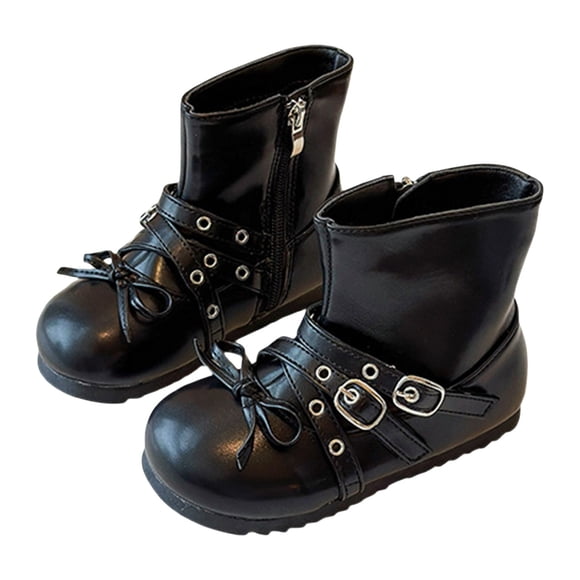 QHFBli Girls Ankle Boots With Decorative Bow and Buckle Soft Flat Sole for Everyday Wear Toddler Youth Kids Comfortable Walking Footwear Black 4.5-5 Years