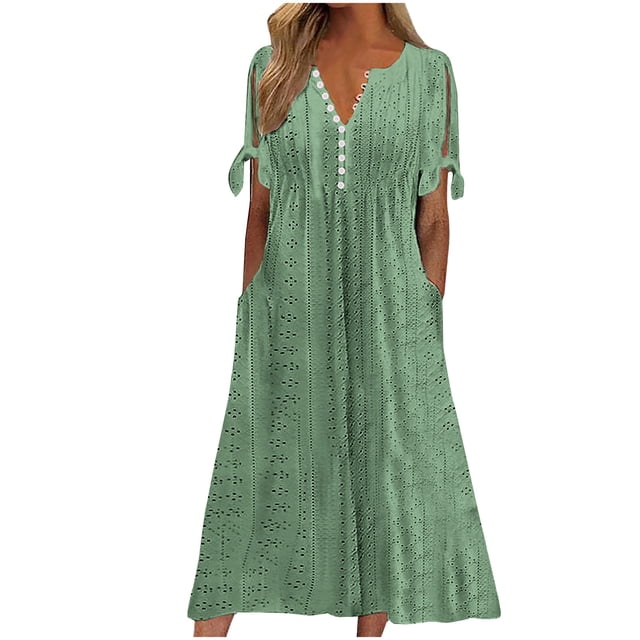 Penkiiy Robe Longue Maxi Bohème pour Femmes 2024 Tendance Robes Boho Col en V Robe de Plage Vacances Tenue Décontractée de Plage avec Poches P Vert