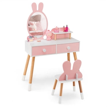 Gymax Kid Vanity Set Makeup Table Stool with Drawer Shelf Wood Leg Rabbit Mirror Pink