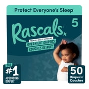 Rascals Overnight Absorbent Baby Diapers, Size 5, Carton, 50 Count