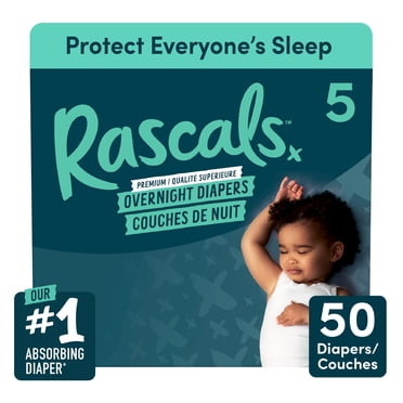 Rascals Overnight Absorbent Baby Diapers, Size 5, Carton, 50 Count