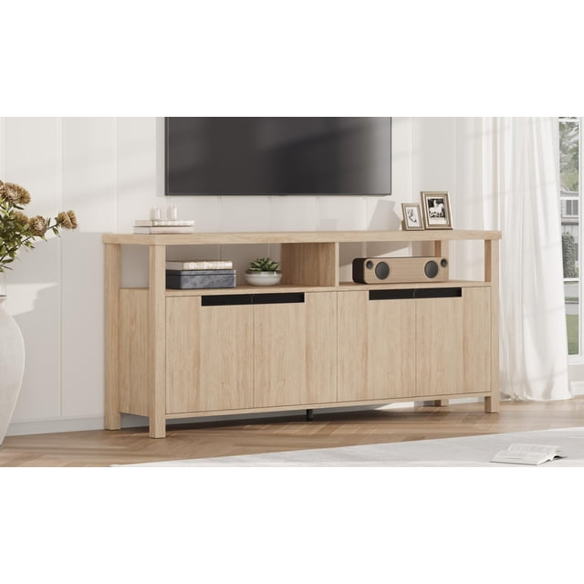 Kojooin 63-Inch Rustic TV Console Table for 55–70" TVs, Farmhouse Style Entertainment Center with 4-Door Cabinets & Open Shelf, Heavy-Duty Media Cabinet