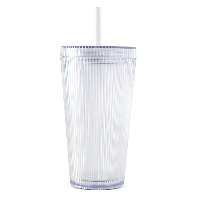 TAL 18OZ TUMBLER front-facing clear ribbed 18 oz insulated double-wall tumbler with removable lid and straight reusable straw, slim cylindrical silhouette fits most cup holders, ideal for iced coffee or cold drinks and often used for chilled smoothies on the go.
