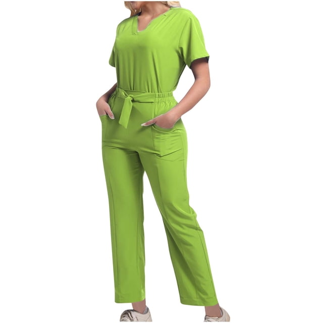 Grrvtrz Womens Scrubs Set Casual Workwear Drawstring Threaded Pant Legs 2PC, V Neck Stretch Scrub Top & Straight Leg Pants