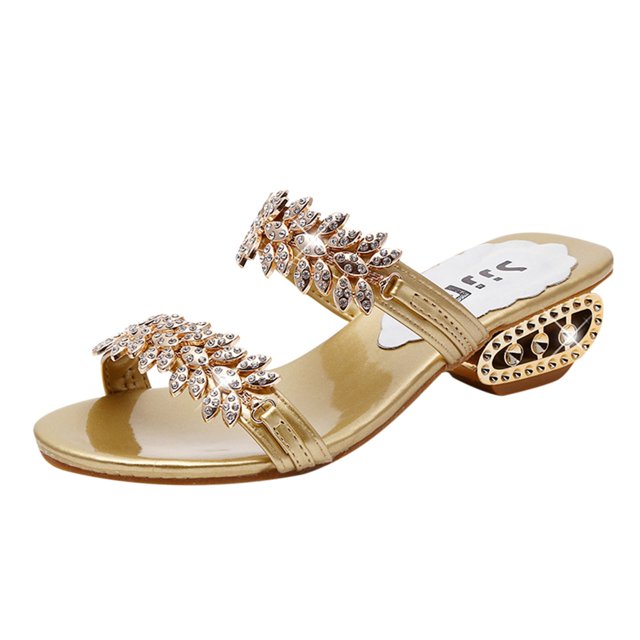 Womans Spring Summer Fashion Rhinestones Sequins Chunky Heel Sandals Slippers Shoes