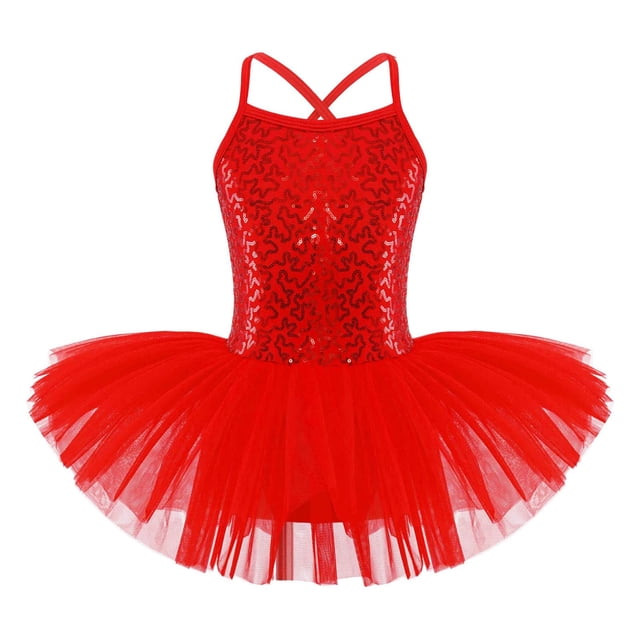 Alvivi Robe Tutu de Ballet à Paillettes pour Filles, Justaucorps de Danse et de Gymnastique, Jupe Rouge, Taille 4-5