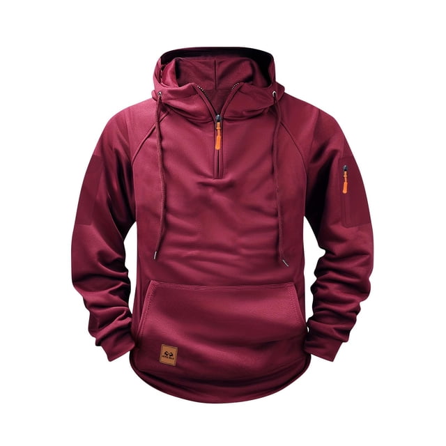 yardsong Mens Tactical Cargo Quarter Zip Hoodie Vintage Drawstring Workout Running Sweatshirt with Pockets Wine,XL