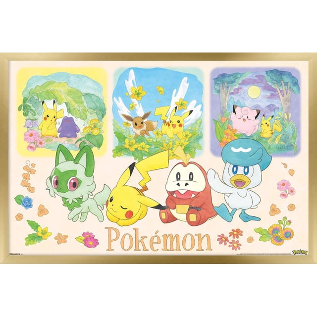 Pokémon : une Scène - Affiche Murale de Groupe, 14,725 Po x 22,375 Po Encadrée Présentant une Vue Frontale Centrée de Personnages Pokémon Colorés, Dont Pikachu, Eevee et d'Autres, Entourés d'Accentures Florales et de Trois Scènes de nature Plus Petites avec des Pokémon Supplémentaires, Conçue comme art Mural Idéale pour la Déco de Pièce dans les Chambres Ou les Bureaux.