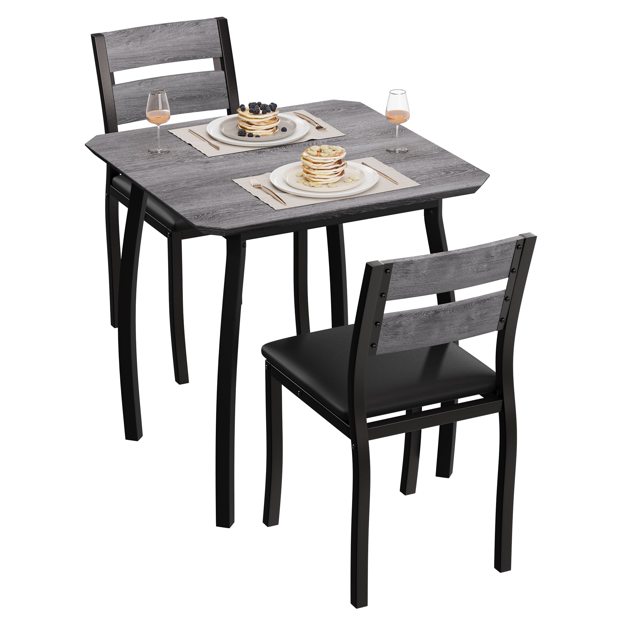 3 Piece Dining Table Set for 2 – Space-Saving Kitchen Table with Metal Frame, Wood Grain Top, Upholstered Chairs – Perfect for Small Dining Room, Apartment, Studio