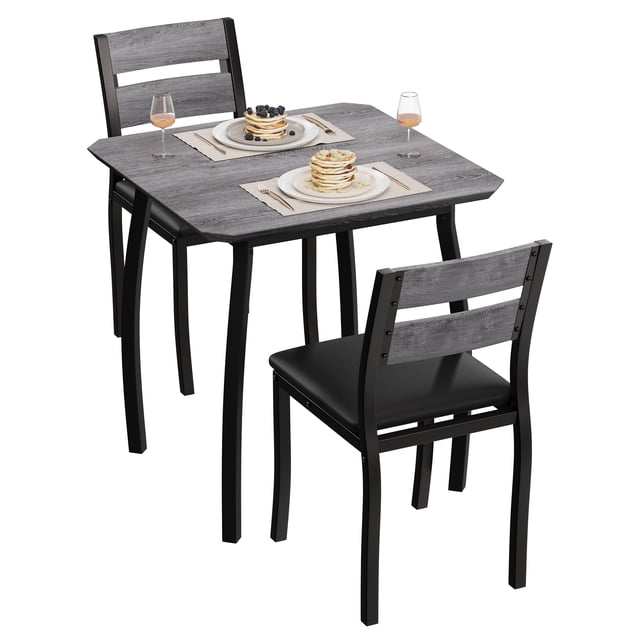 3 Piece Dining Table Set for 2 – Space-Saving Kitchen Table with Metal Frame, Wood Grain Top, Upholstered Chairs – Perfect for Small Dining Room, Apartment, Studio