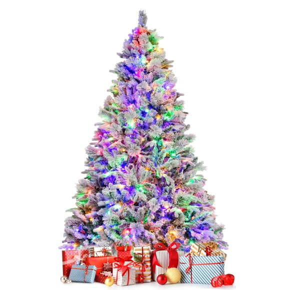 Patiojoy 7 FT Pre-lit Artificial Christmas Tree, Snow-flocked Xmas Tree with 320 Multi-color LED Lights, 8 Lighting Modes