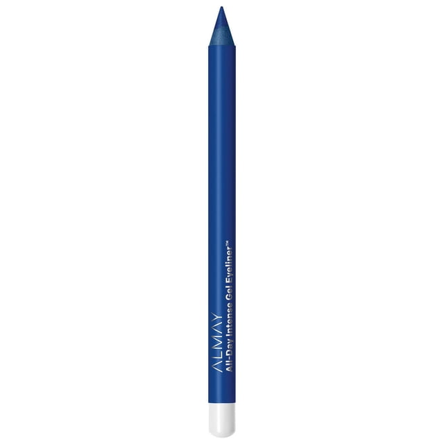 Almay All-Day Intense Gel Eyeliner in blue pencil form with a pointed tip and white base, featuring a smooth, waterproof, fade-proof formula ideal for sensitive eyes and waterline use, with a sustainable recycled paper barrel.