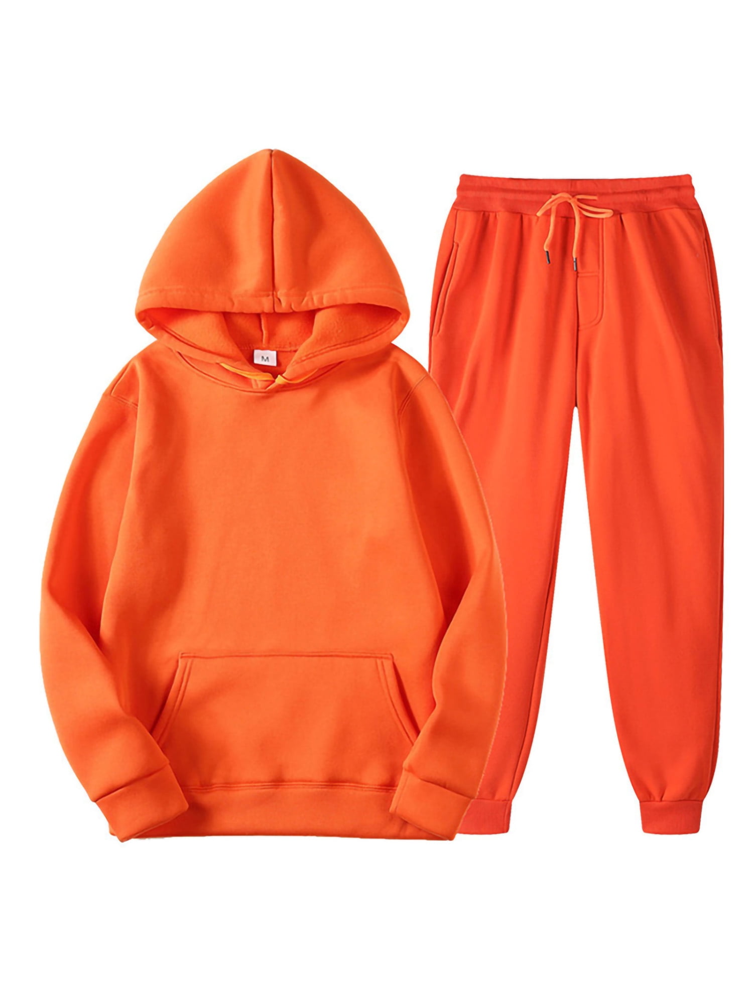 Innerwin Hoodies And Sweatpant Set Solid Color Mens Tracksuit Winter Hooded Warm 2 Piece Hoodie Orange L
