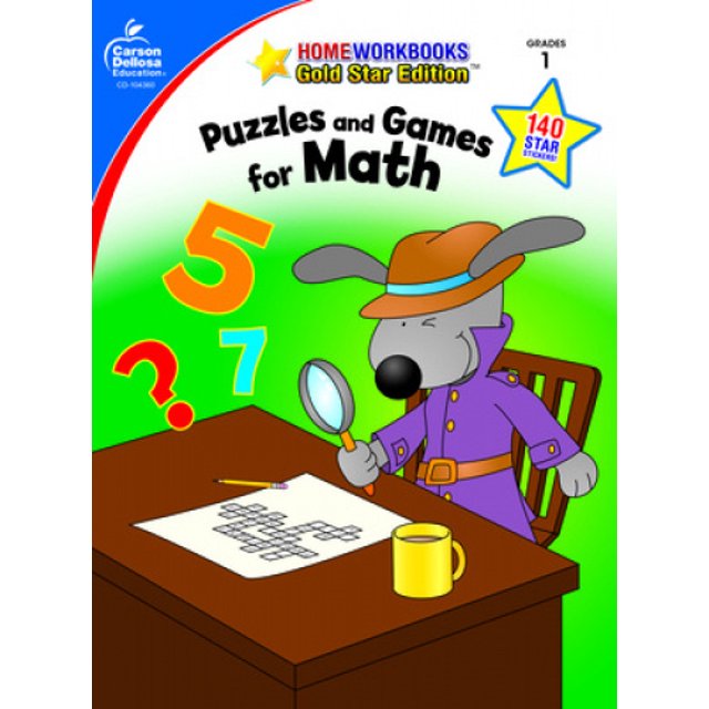 Casse-têtes et Jeux pour Mathématiques 1re Année Couverture de Cahier Mettant en Vedette un Chien Détective de Dessin Animé avec un Manteau Violet et un Chapeau Tenant une Loupe. l'Arrière-plan Comprend des Chiffres Colorés, un Casse-Tête de Mots Croisés et une Tasse Jaune sur une table en Bois. Ce Cahier Éducatif Fait Partie de la Série de Cahiers pour la Maison Édition Étoile Dorée, Conçu pour les Apprenants en Mathématiques Précoces et les Activités de Développement des Habiletés
