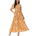 thumbnail image 1 of INSPIRE CHIC Robe Maxi d'Été Décontractée pour Femme à Col en V, Florale, Manches Courtes Volantées, Smockée, Fluide, avec Poches, G Jaune, 1 of 6
