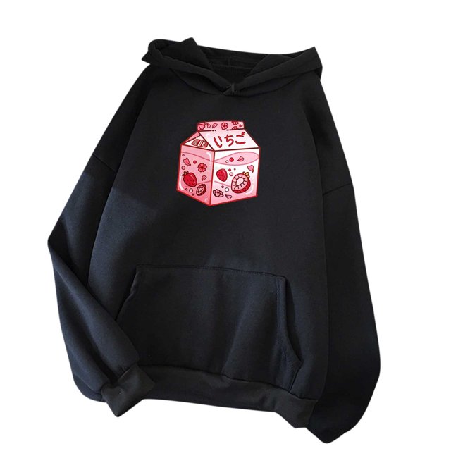 Pompotops Femmes Mignon Ample Imprimé Fraise Décontracté Manches Longues Hauts à Capuche Poches Chandails en Molleton Chandail