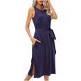 thumbnail image 1 of Robe d'Été pour Femme Sans Manches à Col Ras du Cou, Robe Basique Unie avec Taille à Nouer, Robe T-Shirt de Bureau avec Poches, 1 of 5
