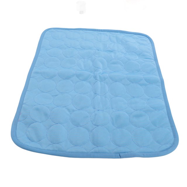 Pet Self Cooling Blanket, Reusable Dog Cooling Mat Washable Breathable for Home and Travel. Made of breathable ice silk cloth with a double-sided cooling design. The lightweight, foldable mat in light blue features a textured circular pattern and is machine washable for easy maintenance. Suitable for keeping pets cool during summer or on road trips.