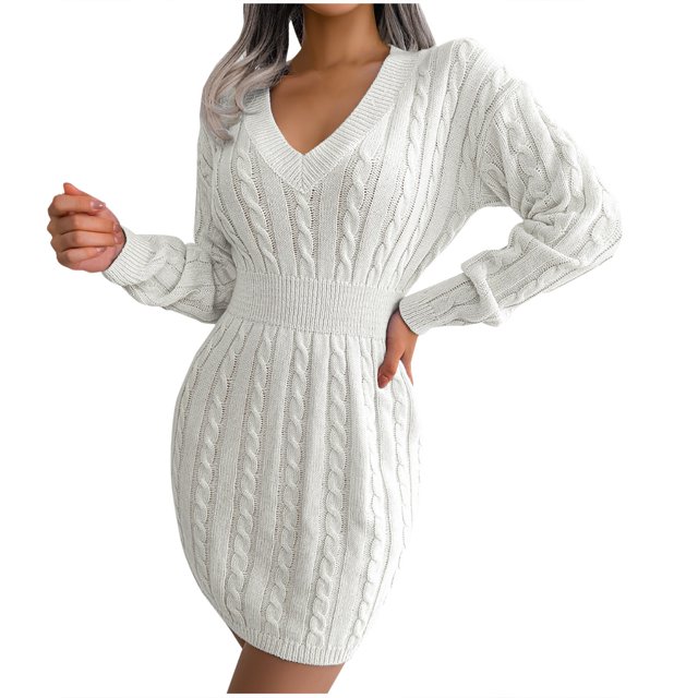 Vêtements d'Hiver pour Femmes Robe Chandail Tricotée Moulante à Col en V pour l'Automne et l'Hiver avec Sac de Taille, design Léger en Tricot Torsadé. la Robe Présente un Col en V, des Manches Longues et une Taille Ajustée pour une silhouette Flatteuse. Fabriquée en Matériau Acrylique Doux, Elle Convient aux Tenues Décontractées, Quotidiennes Ou de Fête pendant les Saisons d'Automne et d'Hiver. Présentée dans une Couleur Claire Neutre.