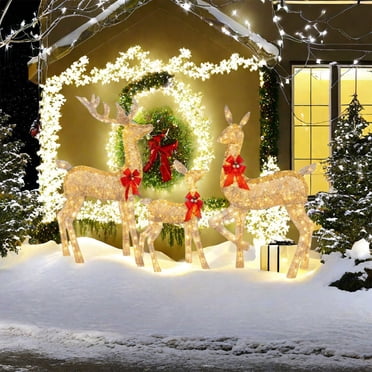 Décorations Extérieures de Rennes Lumineux, Rennes de Noël Lumineux, Décorations de Rennes de Noël pour l'Extérieur de la Pelouse, Décorations de Rennes en Métal pour l'Extérieur, Ensemble Familial de 3 Pcs de Rennes de Noël Lumineux Décoration Extérieure
