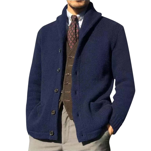 Xuniizn Mens Cardigan Sweater, Solid Color Long Sleeve Lapel Button Stretch Knit Sweaters with Pockets, Spring Daily Casual Comfortable Soft Sweaters Outerwear