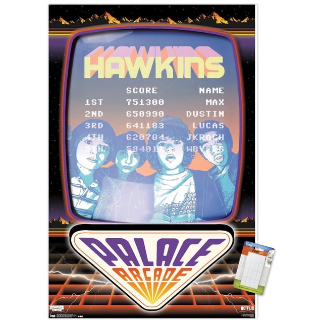 Netflix Stranger Things: Season 2 - Palace Arcade Wall Poster, 22.375" x 34" featuring a retro arcade game screen with the word HAWKINS in large yellow letters, a high score list showing Max, Dustin, and Lucas, and a triangular Palace Arcade logo in purple and orange over a grid floor with lightning effects.