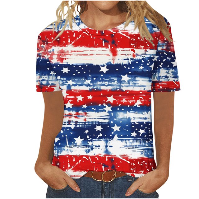Pisexur Blouses pour Femmes Habillées Décontractées T-Shirt à Manches Courtes Col Rond Imprimé Jour de l'Indépendance pour Femmes, Hauts d'Été pour Femmes Multicolore, S