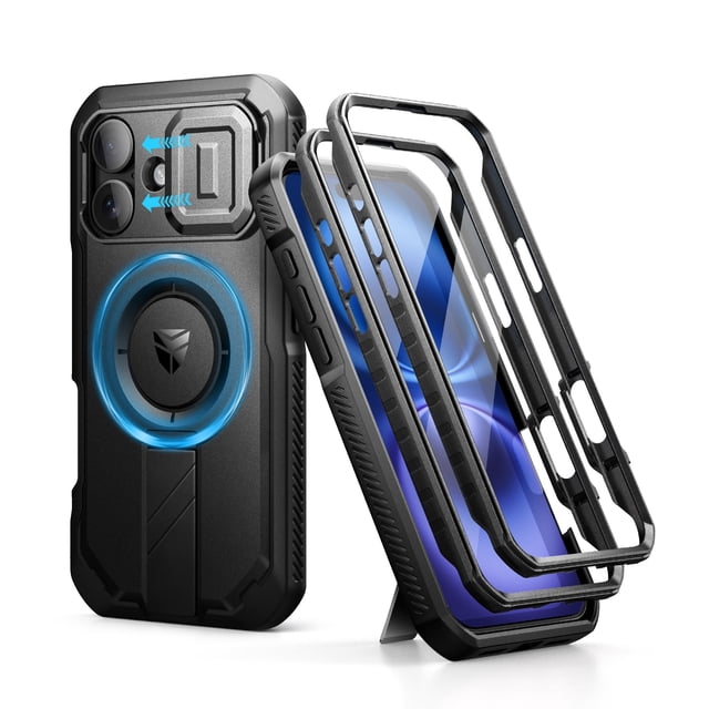 Dexnor for iPhone 16 Case with Slide Camera Cover & Adjustable Kickstand & Built-in Screen Protector,Compatible with MagSafe Shockproof Bumper Cases Heavy-Duty Magnetic Protective Cover, Black