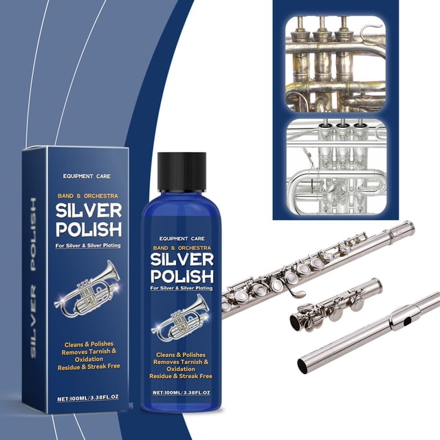 Silverware Polishing Cleaner by Feledorashia, a 100ml silver polish designed for cleaning and maintaining silver and silver-plated items. The product packaging highlights its ability to remove tarnish, oxidation, and stains while enhancing long-lasting silver shine. Ideal for household silverware, orchestral instruments, and decorative items, the cleaner is safe, non-toxic, and easy to use. The image includes polished silver instruments, the cleaner bottle, and its box, emphasizing its suitability for silverware care and maintenance.