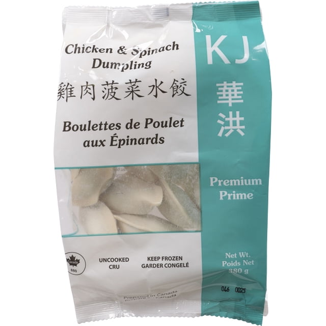 KJ Boulettes de Poulet et d'Épinards Surgelées, Emballage Montrant des Boulettes Non Cuites à Travers une Fenêtre Transparente, Texte Bilingue Anglais et Français, Poids net 380 g, Étiqueté Premium Prime, Convient à la Cuisson à la Vapeur Ou à la Friture, avec instructions pour Garder les Boulettes Surgelées.