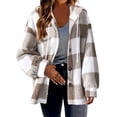 thumbnail image 1 of Fartey Plus Size Womens Plaid Fleece Shacket Jacket Oversized Flannel Button Down Fall Hoodie Jackets with Drawstring Warm Winter Coats Khaki 2XL, 1 of 8