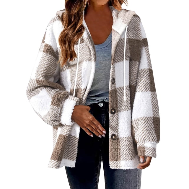Fartey Plus Size Womens Plaid Fleece Shacket Jacket Oversized Flannel Button Down Fall Hoodie Jackets with Drawstring Warm Winter Coats Khaki 2XL