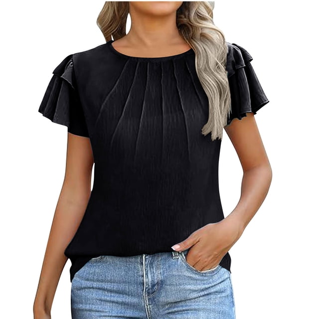 Tnhcen Blouses à Col Rond à Manches Courtes pour Femmes d'Été Décontractées à Motif Infroissable - Hauts Extensibles en Nylon Spandex P-2TG Blouses Mode Respirantes