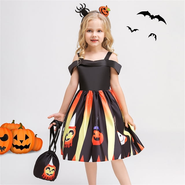 KAWELL Robe de Costume de Citrouille d'Halloween pour Fille avec Sac pour 3-12 Ans