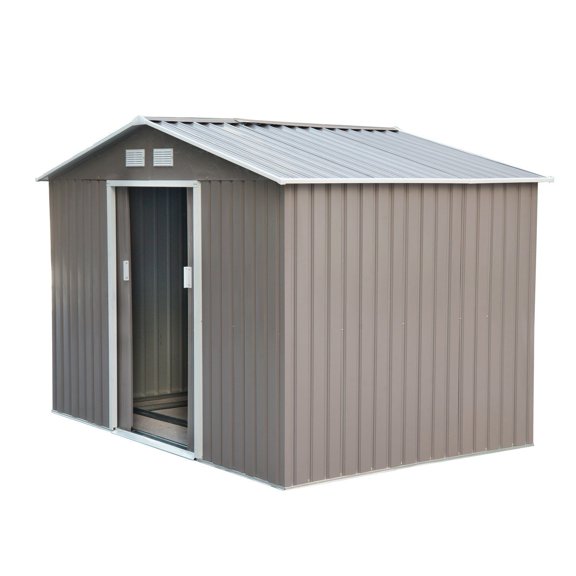 9' x 6.3' Metal Garden Shed - Outdoor Storage for Tools & Yard Equipment - Grey & White Color Steel with Ventilation & Floor Foundation