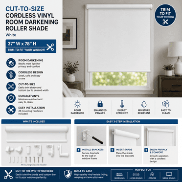 Cut-to-Size Cordless Vinyl Room Darkening Roller Shade, White, 37" W x 78" H