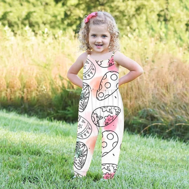 TIMIFIS Pièce Combinaison une Sans Manches à Bretelles pour Tout-Petit Bébé Fille, Barboteuse Pantalon, Impression d'Oeufs de Joyeuses Pâques, Tenue d'Été, Vêtements - 3-4 Ans